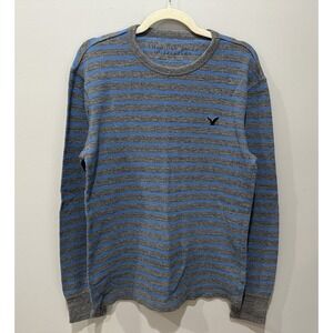 American Eagle Men's Waffle Knit Thermal Shirt Striped Blue Grey Large